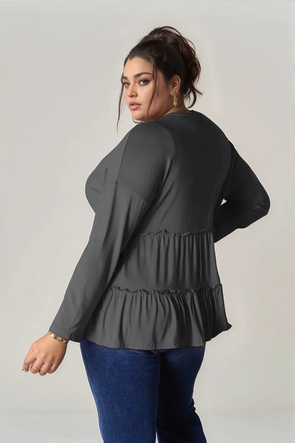 Double Take Half Button Long Sleeve Ruffle Hem Blouse - | VivaMix StoreDouble Take Half Button Long Sleeve Ruffle Hem Blouse - VivaMix Store