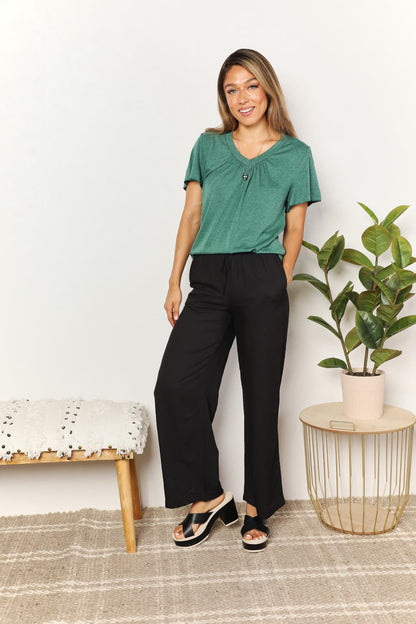 Double Take Ruched V - Neck Short Sleeve T-Shirt - | VivaMix StoreDouble Take Ruched V - Neck Short Sleeve T-Shirt - VivaMix Store