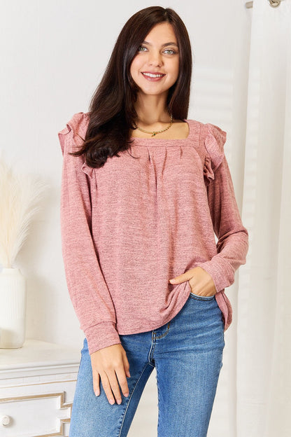 Double Take Square Neck Ruffle Shoulder Long Sleeve T-Shirt - | VivaMix StoreDouble Take Square Neck Ruffle Shoulder Long Sleeve T-Shirt - VivaMix Store