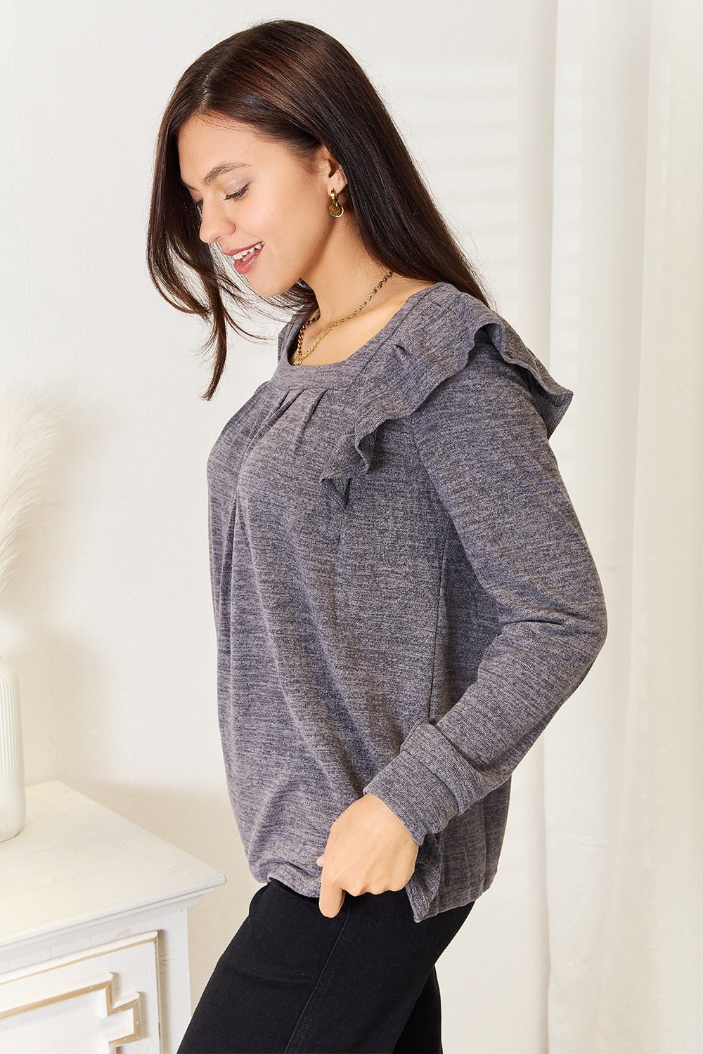 Double Take Square Neck Ruffle Shoulder Long Sleeve T-Shirt - | VivaMix StoreDouble Take Square Neck Ruffle Shoulder Long Sleeve T-Shirt - VivaMix Store