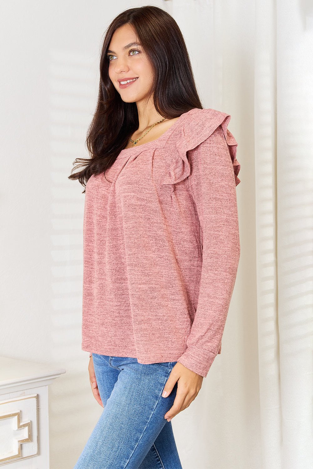 Double Take Square Neck Ruffle Shoulder Long Sleeve T-Shirt - | VivaMix StoreDouble Take Square Neck Ruffle Shoulder Long Sleeve T-Shirt - VivaMix Store
