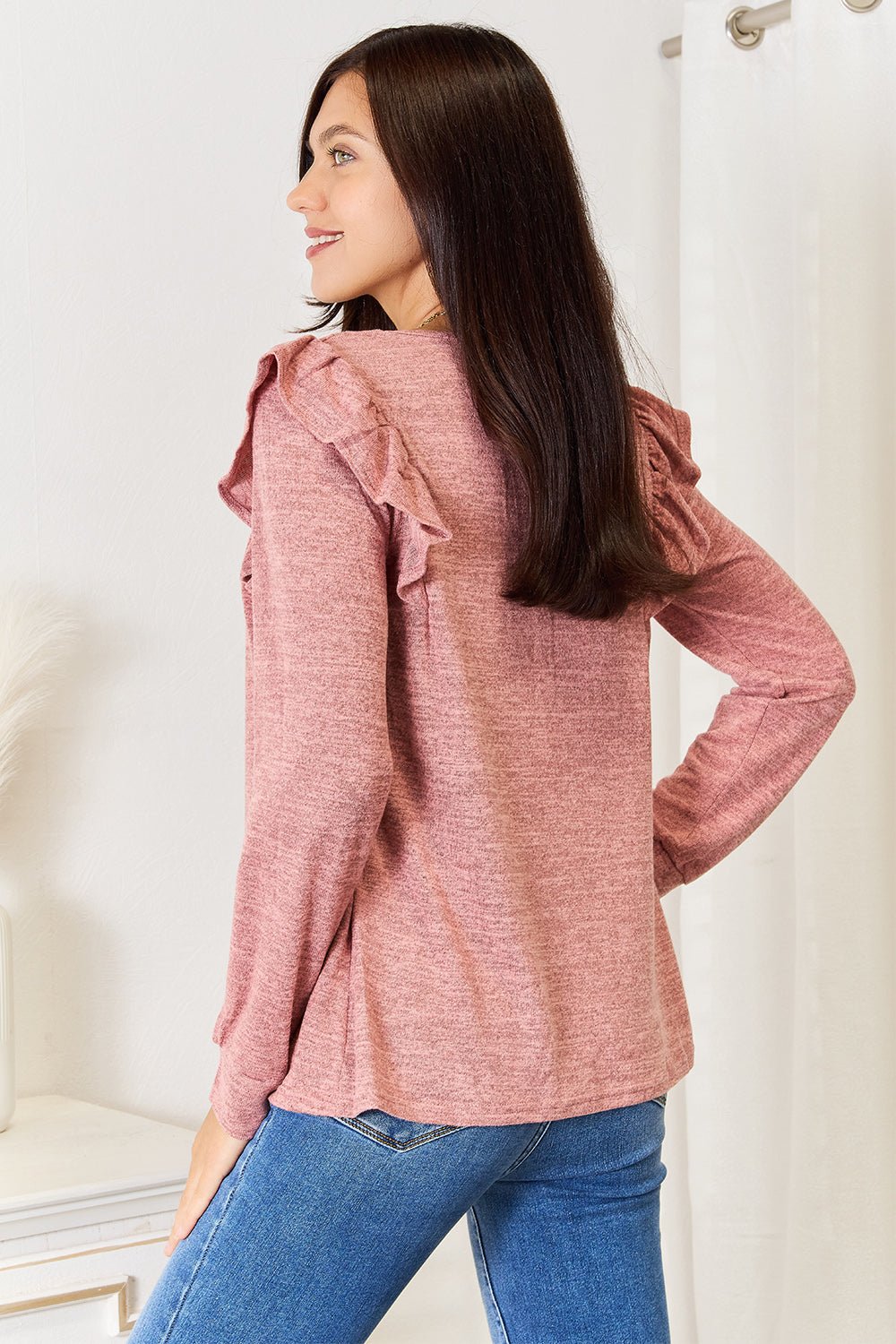 Double Take Square Neck Ruffle Shoulder Long Sleeve T-Shirt - | VivaMix StoreDouble Take Square Neck Ruffle Shoulder Long Sleeve T-Shirt - VivaMix Store