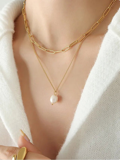Freshwater Pearl Double - Layer Necklace - 18K Gold Plated Titanium Steel - Apparel & Accessories > Jewelry > Necklaces | VivaMix StoreFreshwater Pearl Double - Layer Necklace - 18K Gold Plated Titanium Steel - VivaMix Store