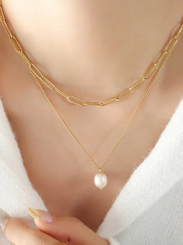 Freshwater Pearl Double - Layer Necklace - 18K Gold Plated Titanium Steel - Apparel & Accessories > Jewelry > Necklaces | VivaMix StoreFreshwater Pearl Double - Layer Necklace - 18K Gold Plated Titanium Steel - VivaMix Store
