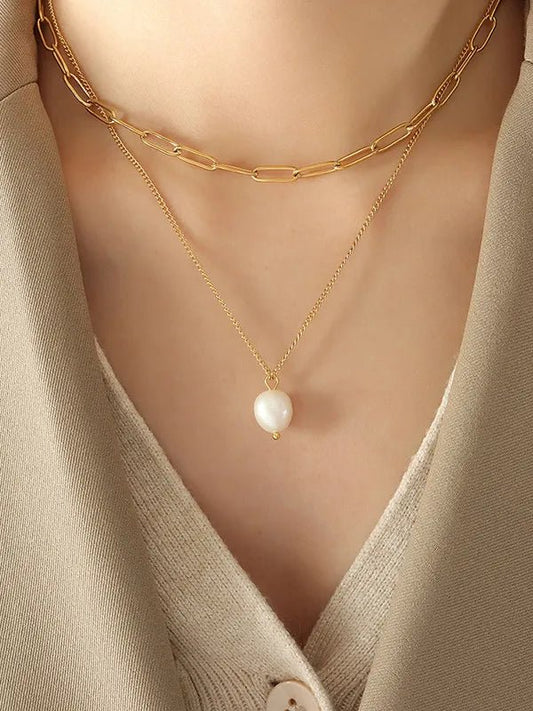 Freshwater Pearl Double - Layer Necklace - 18K Gold Plated Titanium Steel - Apparel & Accessories > Jewelry > Necklaces | VivaMix StoreFreshwater Pearl Double - Layer Necklace - 18K Gold Plated Titanium Steel - VivaMix Store