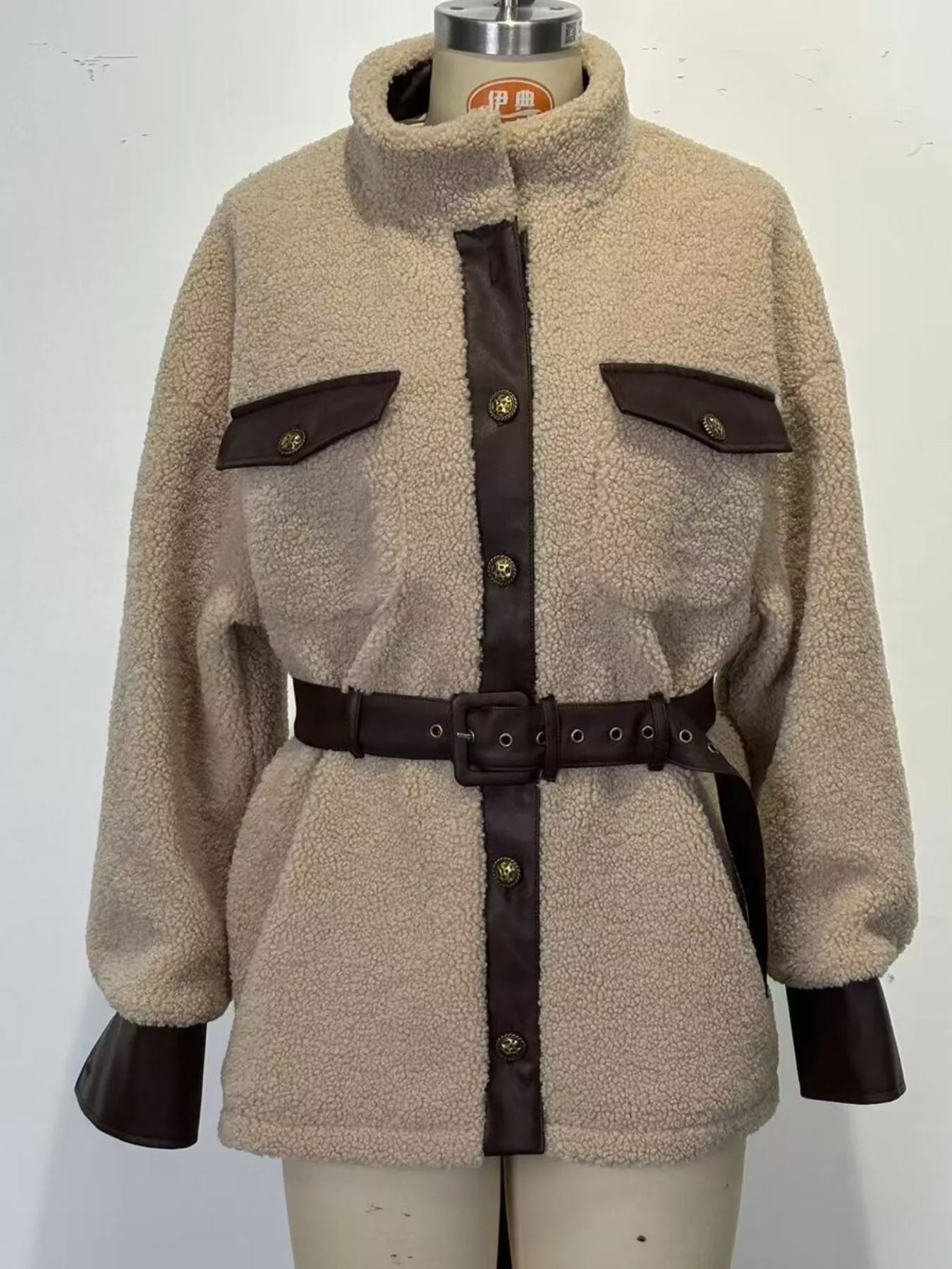 Leather Trim Sherpa Outerwear with Pockets - Outerwear | VivaMix StoreLeather Trim Sherpa Outerwear with Pockets - VivaMix Store