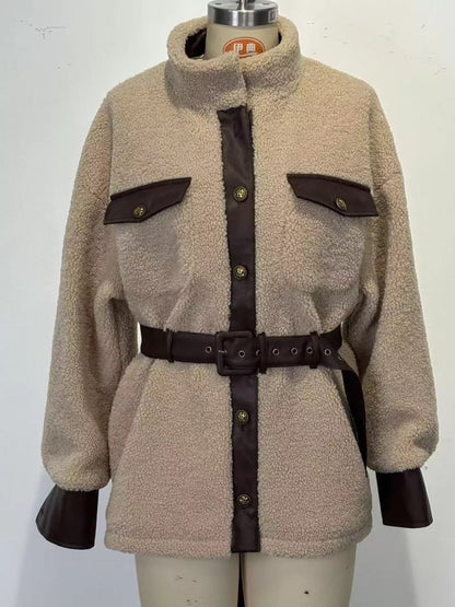 Leather Trim Sherpa Outerwear with Pockets - Outerwear | VivaMix StoreLeather Trim Sherpa Outerwear with Pockets - VivaMix Store