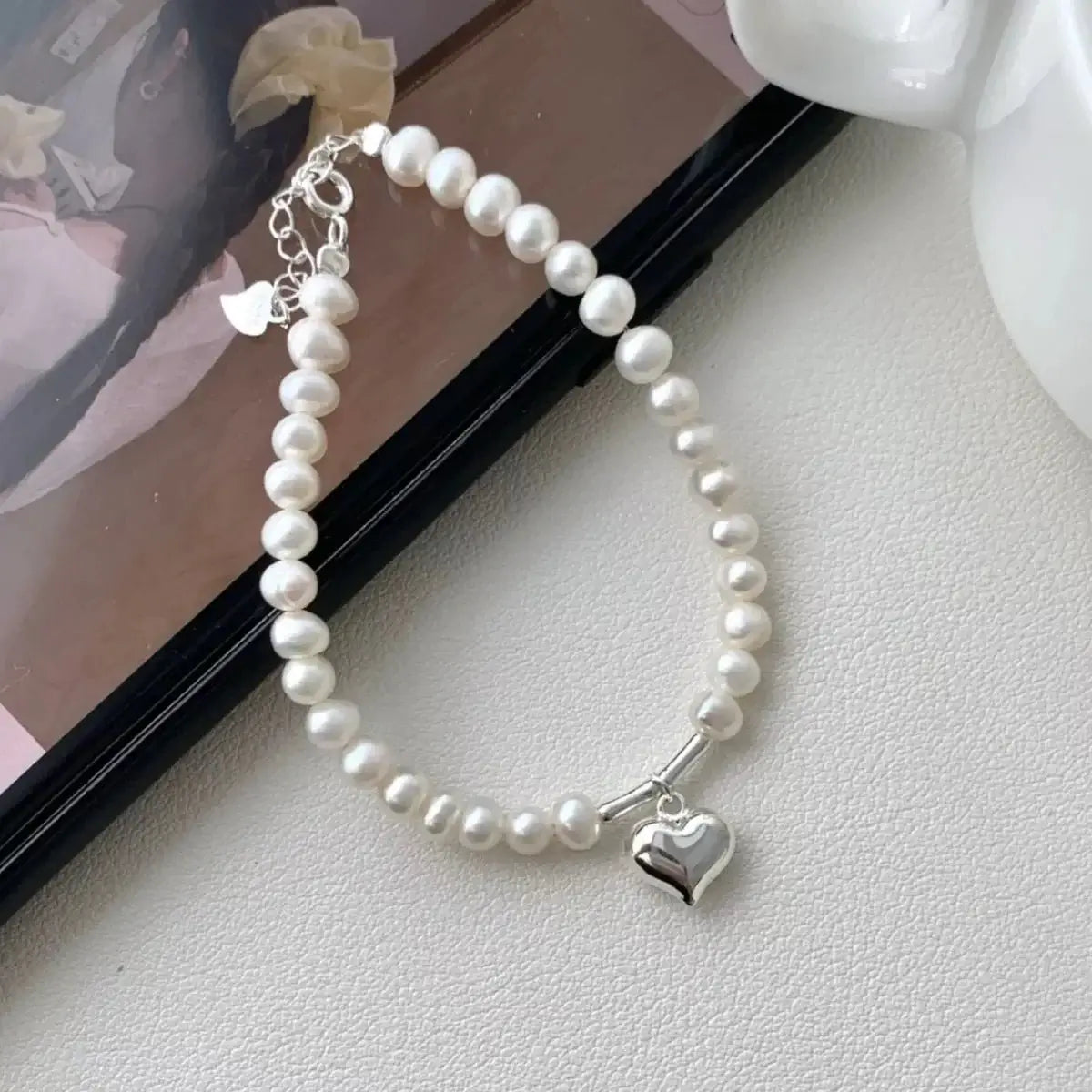 Pearl Heart Charm Bracelet - 925 Sterling Silver with Freshwater Pearl - | VivaMix StorePearl Heart Charm Bracelet - 925 Sterling Silver with Freshwater Pearl - VivaMix Store