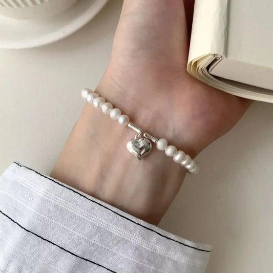Pearl Heart Charm Bracelet - 925 Sterling Silver with Freshwater Pearl - | VivaMix StorePearl Heart Charm Bracelet - 925 Sterling Silver with Freshwater Pearl - VivaMix Store