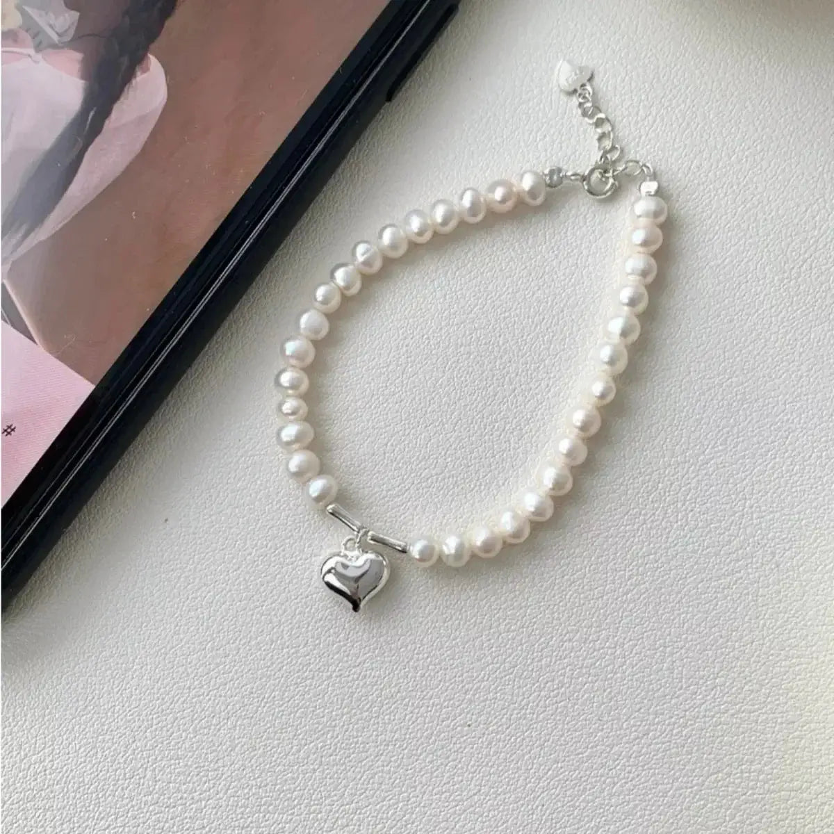 Pearl Heart Charm Bracelet - 925 Sterling Silver with Freshwater Pearl - | VivaMix StorePearl Heart Charm Bracelet - 925 Sterling Silver with Freshwater Pearl - VivaMix Store