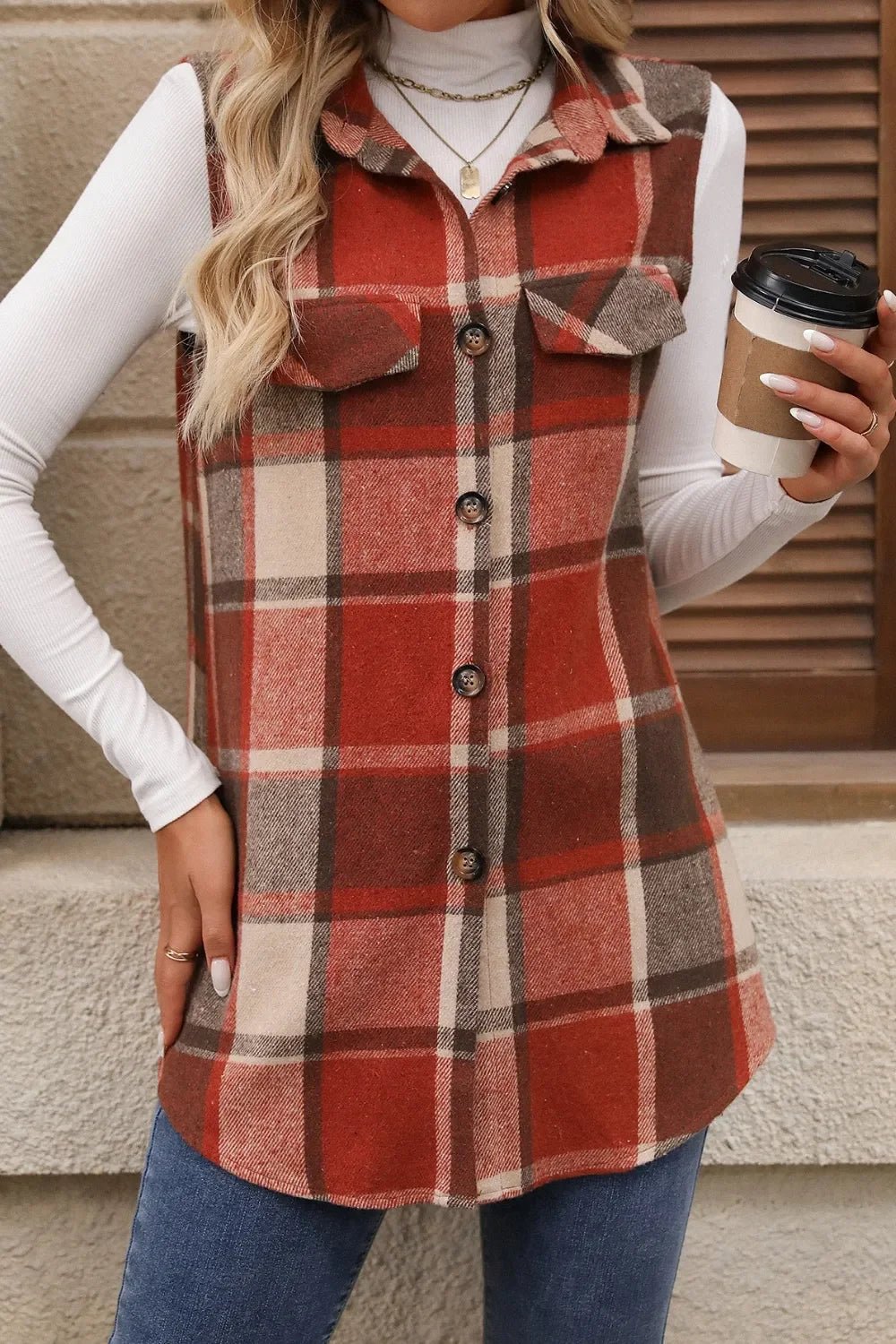 Plaid Button - Up Vest Coat - Sleeveless Oversized Jacket - | VivaMix StorePlaid Button - Up Vest Coat - Sleeveless Oversized Jacket - VivaMix Store