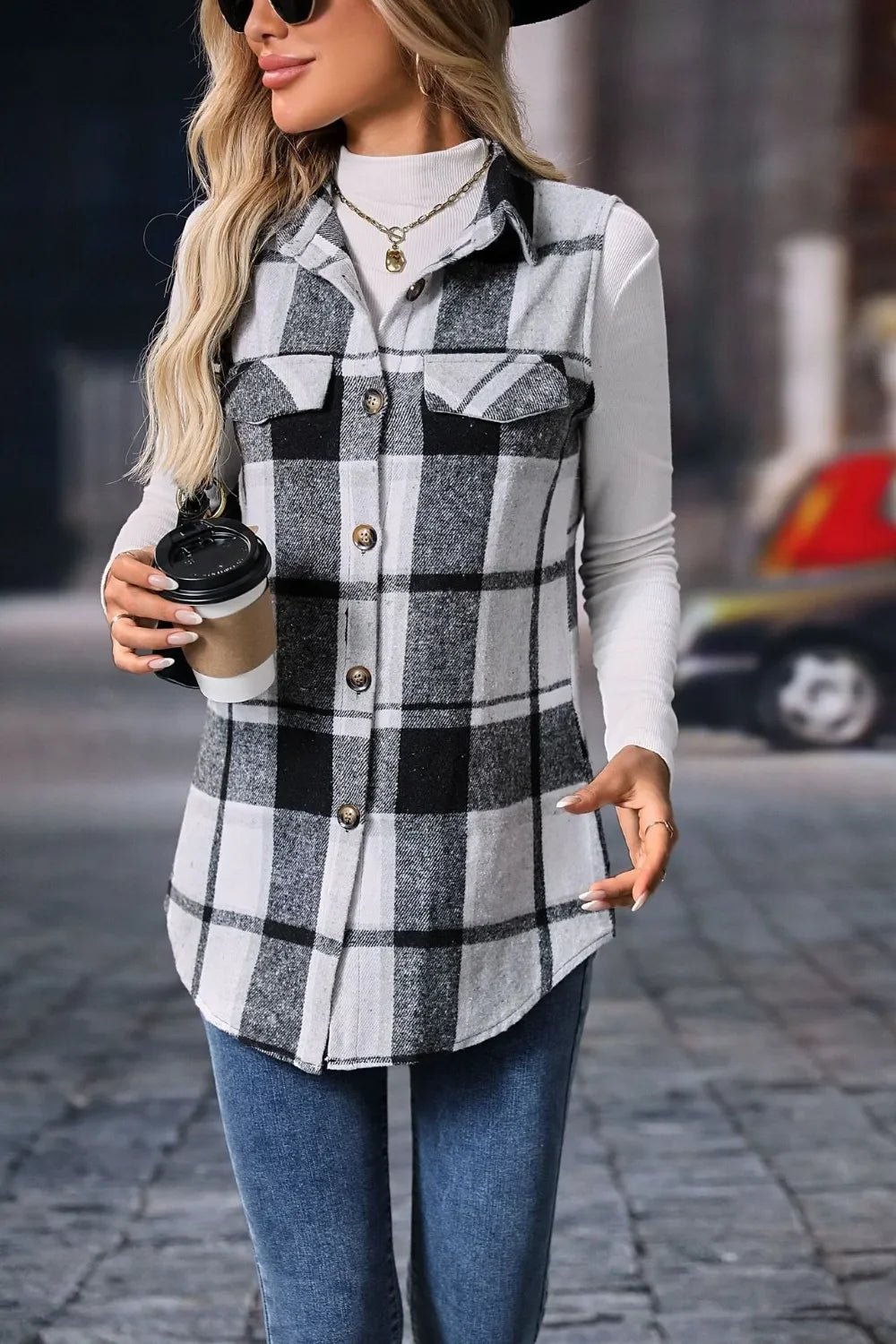 Plaid Button - Up Vest Coat - Sleeveless Oversized Jacket - | VivaMix StorePlaid Button - Up Vest Coat - Sleeveless Oversized Jacket - VivaMix Store