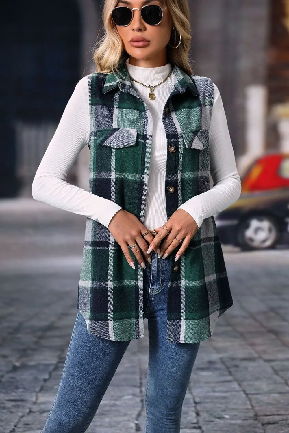 Plaid Button - Up Vest Coat - Sleeveless Oversized Jacket - | VivaMix StorePlaid Button - Up Vest Coat - Sleeveless Oversized Jacket - VivaMix Store