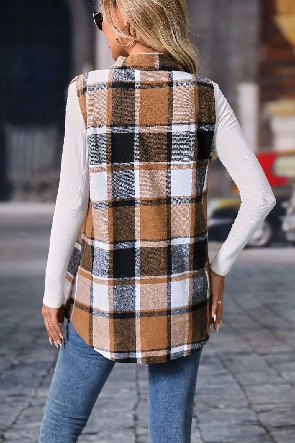 Plaid Button - Up Vest Coat - Sleeveless Oversized Jacket - | VivaMix StorePlaid Button - Up Vest Coat - Sleeveless Oversized Jacket - VivaMix Store