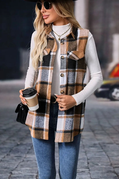 Plaid Button - Up Vest Coat - Sleeveless Oversized Jacket - | VivaMix StorePlaid Button - Up Vest Coat - Sleeveless Oversized Jacket - VivaMix Store