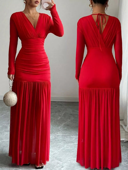 Ruched Surplice Long Sleeve Maxi Dress - Dresses | VivaMix StoreRuched Surplice Long Sleeve Maxi Dress - VivaMix Store