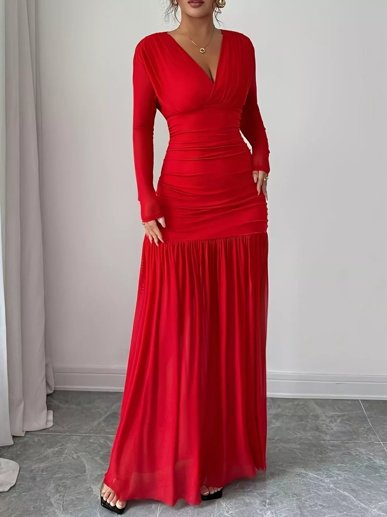 Ruched Surplice Long Sleeve Maxi Dress - Dresses | VivaMix StoreRuched Surplice Long Sleeve Maxi Dress - VivaMix Store