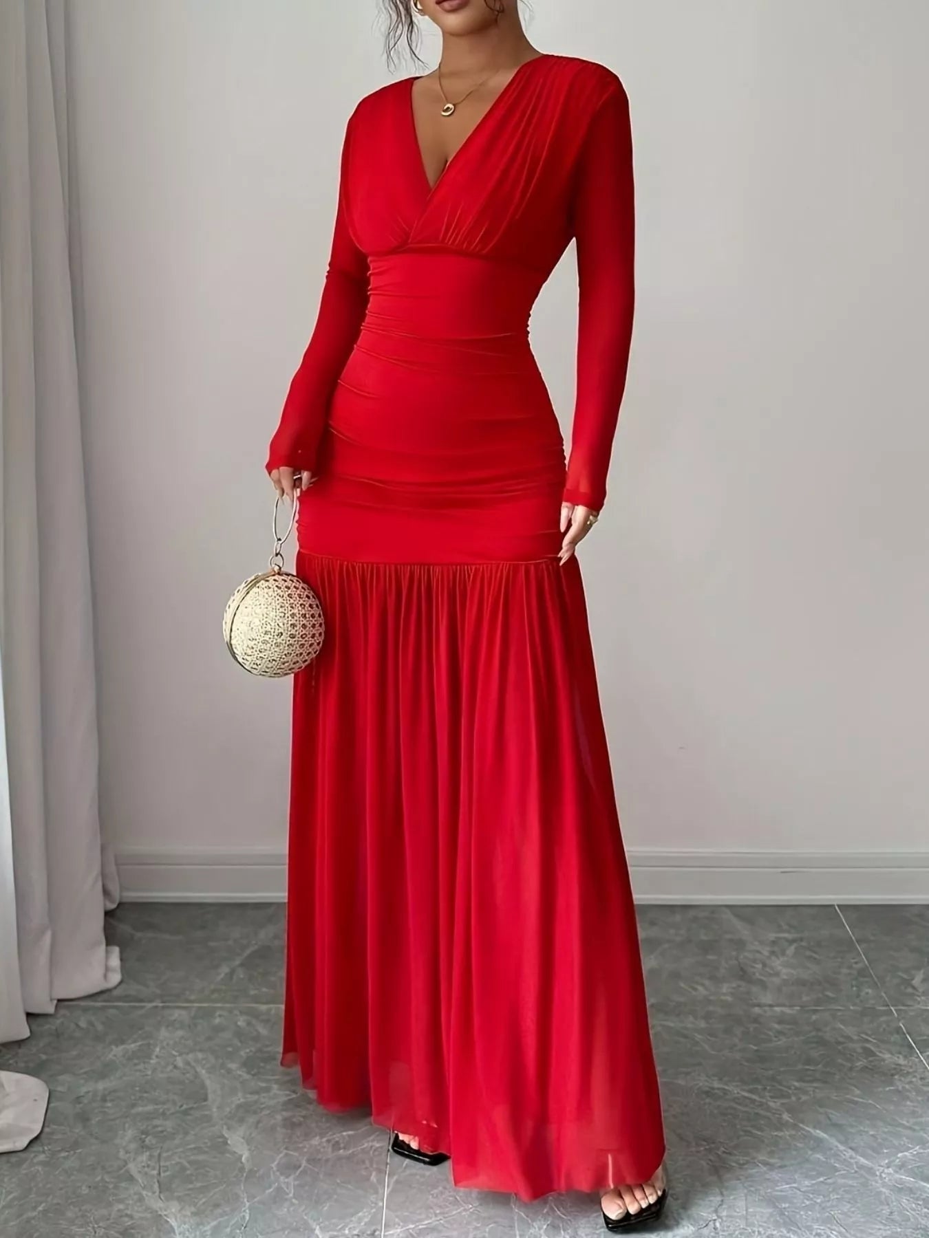 Ruched Surplice Long Sleeve Maxi Dress - Dresses | VivaMix StoreRuched Surplice Long Sleeve Maxi Dress - VivaMix Store