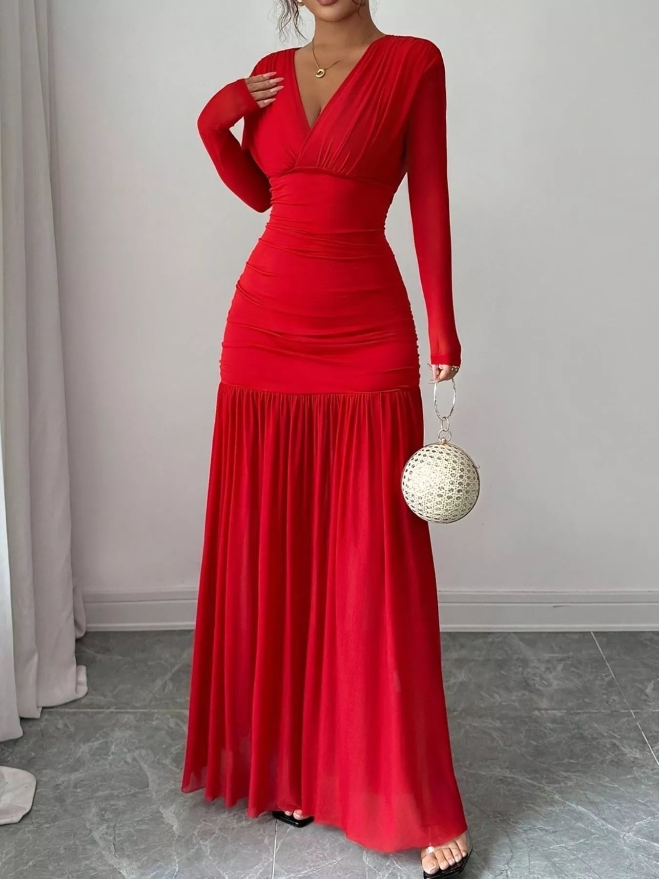 Ruched Surplice Long Sleeve Maxi Dress - Dresses | VivaMix StoreRuched Surplice Long Sleeve Maxi Dress - VivaMix Store