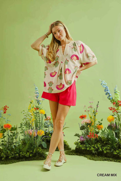 Umgee Abstract Print Blouse with Ruched Detail - | VivaMix StoreUmgee Abstract Print Blouse with Ruched Detail - VivaMix Store