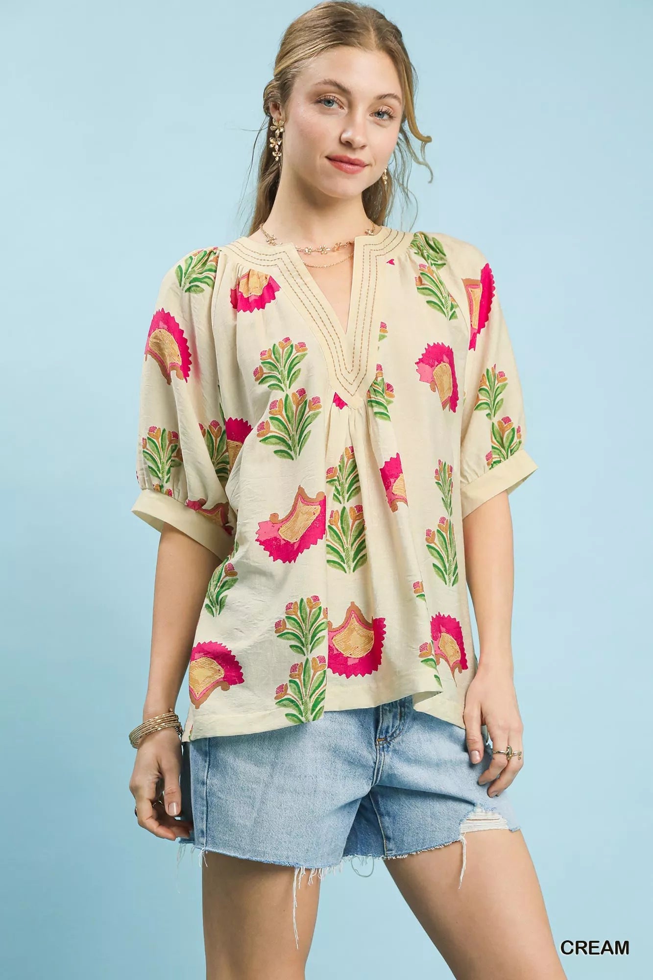 Umgee Abstract Print Blouse with Ruched Detail - | VivaMix StoreUmgee Abstract Print Blouse with Ruched Detail - VivaMix Store