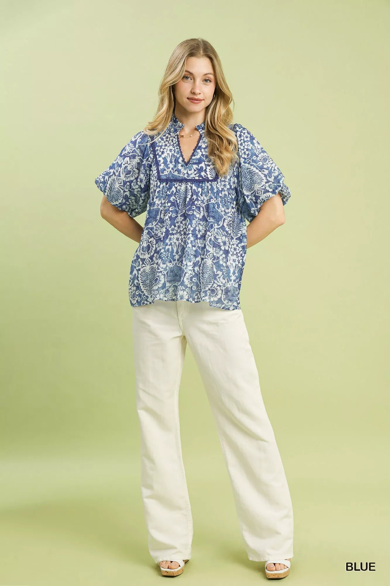 Umgee Abstract Print Ruffled Puff Sleeve Top - | VivaMix StoreUmgee Abstract Print Ruffled Puff Sleeve Top - VivaMix Store