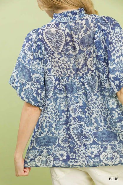 Umgee Abstract Print Ruffled Puff Sleeve Top - | VivaMix StoreUmgee Abstract Print Ruffled Puff Sleeve Top - VivaMix Store