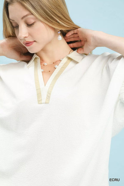 Umgee Contrast Collar V - Neck Top - | VivaMix StoreUmgee Contrast Collar V - Neck Top - VivaMix Store