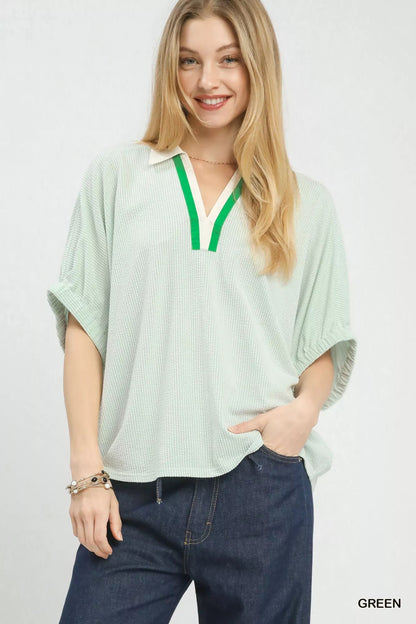 Umgee Contrast Collar V - Neck Top - | VivaMix StoreUmgee Contrast Collar V - Neck Top - VivaMix Store