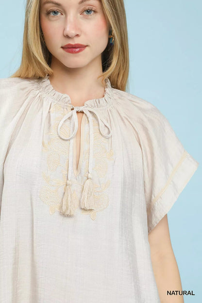 Umgee Embroidered Boho Blouse with Tassel Tie - | VivaMix StoreUmgee Embroidered Boho Blouse with Tassel Tie - VivaMix Store