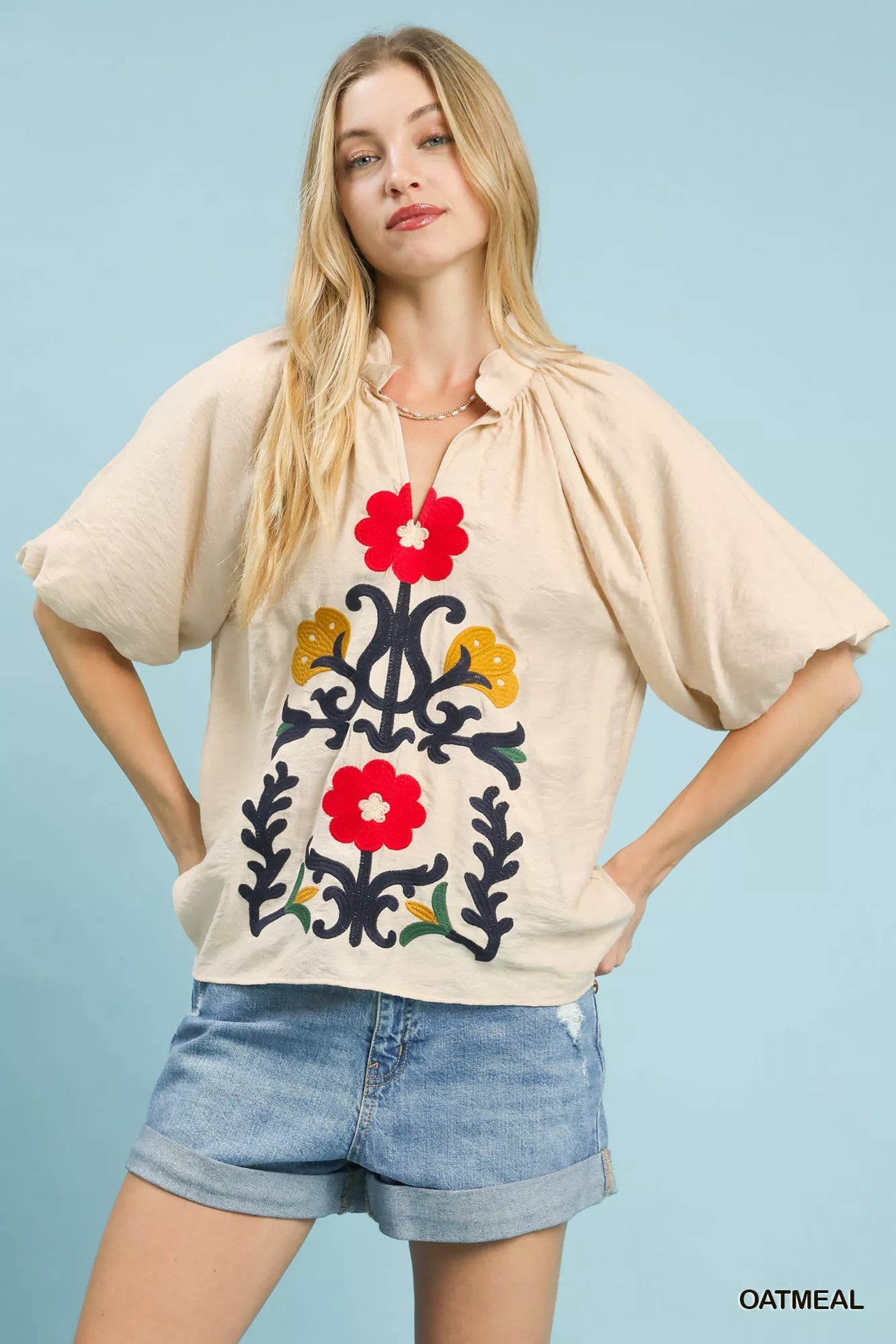 Umgee Embroidered Boho Puff Sleeve Blouse - | VivaMix StoreUmgee Embroidered Boho Puff Sleeve Blouse - VivaMix Store