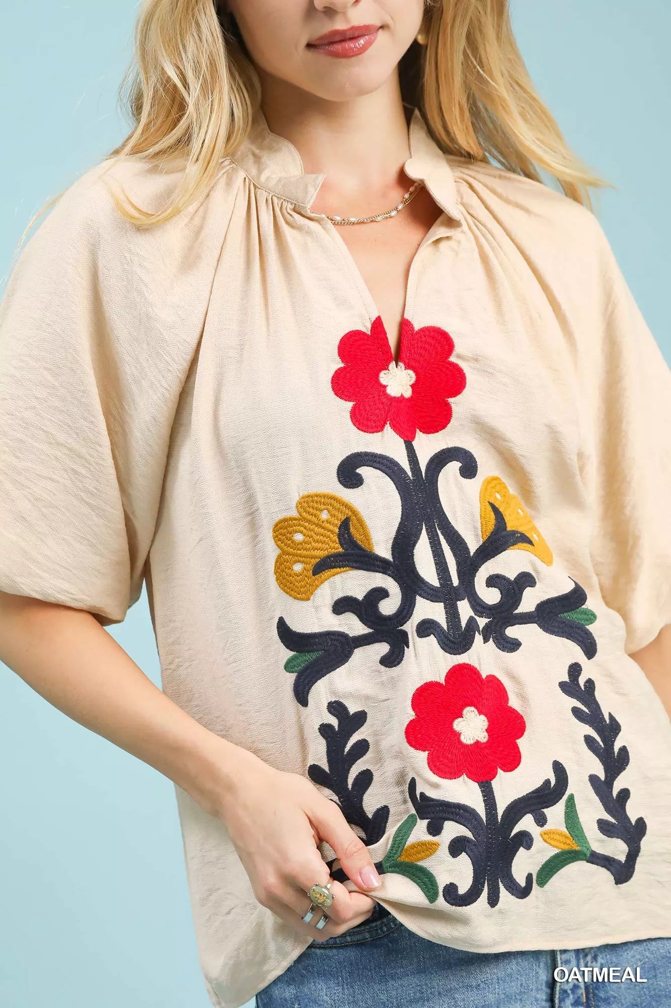 Umgee Embroidered Boho Puff Sleeve Blouse - | VivaMix StoreUmgee Embroidered Boho Puff Sleeve Blouse - VivaMix Store