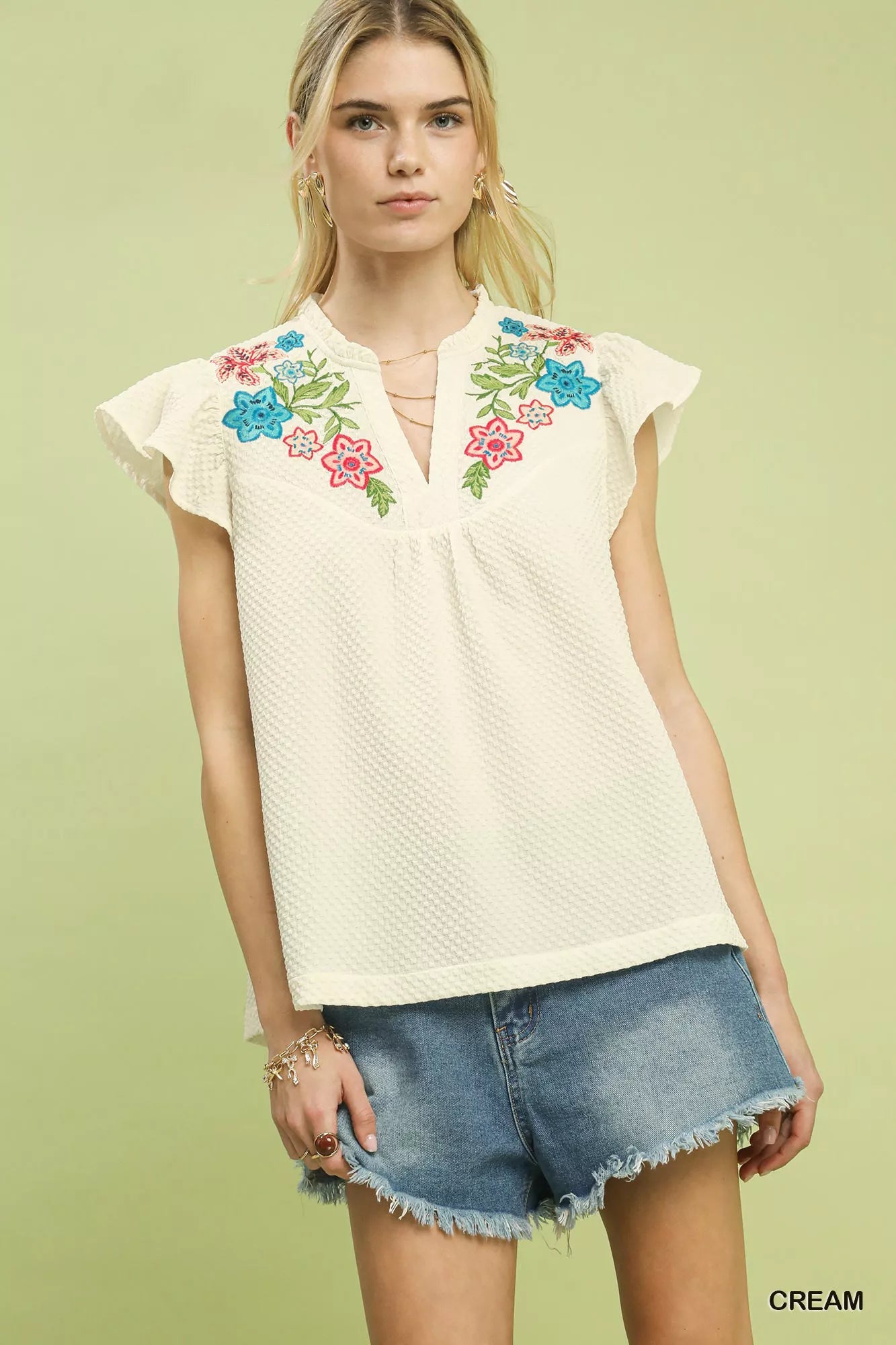 Umgee Embroidered Flutter Sleeve Blouse - | VivaMix StoreUmgee Embroidered Flutter Sleeve Blouse - VivaMix Store