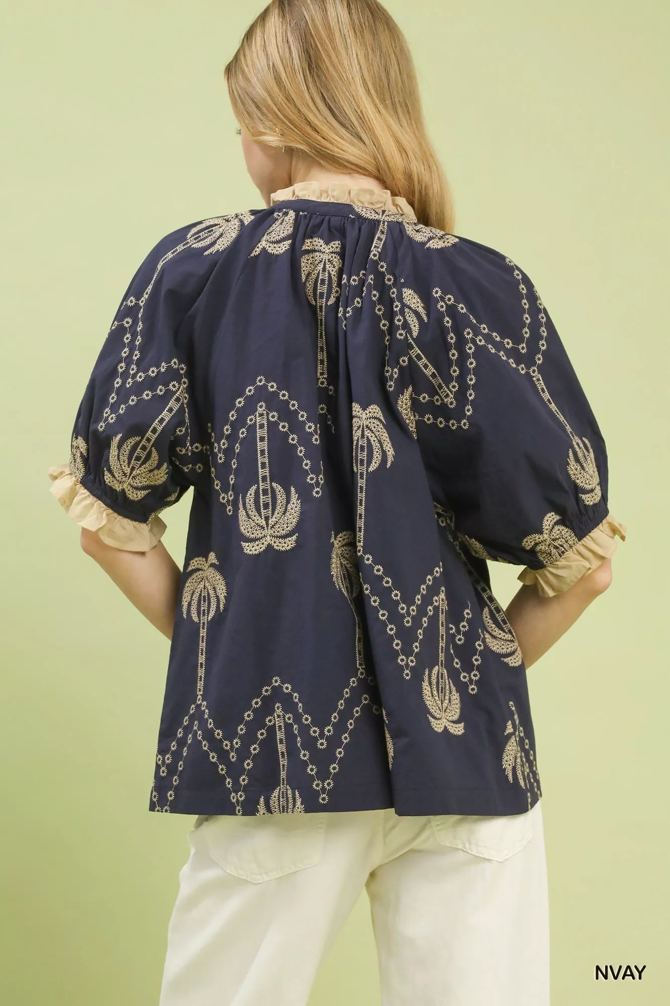 Umgee Embroidered Palm Print Tassel Tie Blouse - | VivaMix StoreUmgee Embroidered Palm Print Tassel Tie Blouse - VivaMix Store