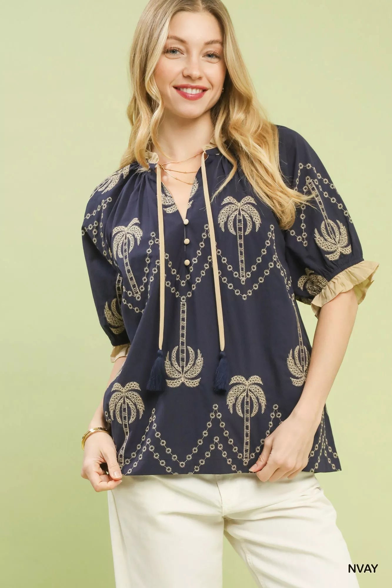 Umgee Embroidered Palm Print Tassel Tie Blouse - | VivaMix StoreUmgee Embroidered Palm Print Tassel Tie Blouse - VivaMix Store