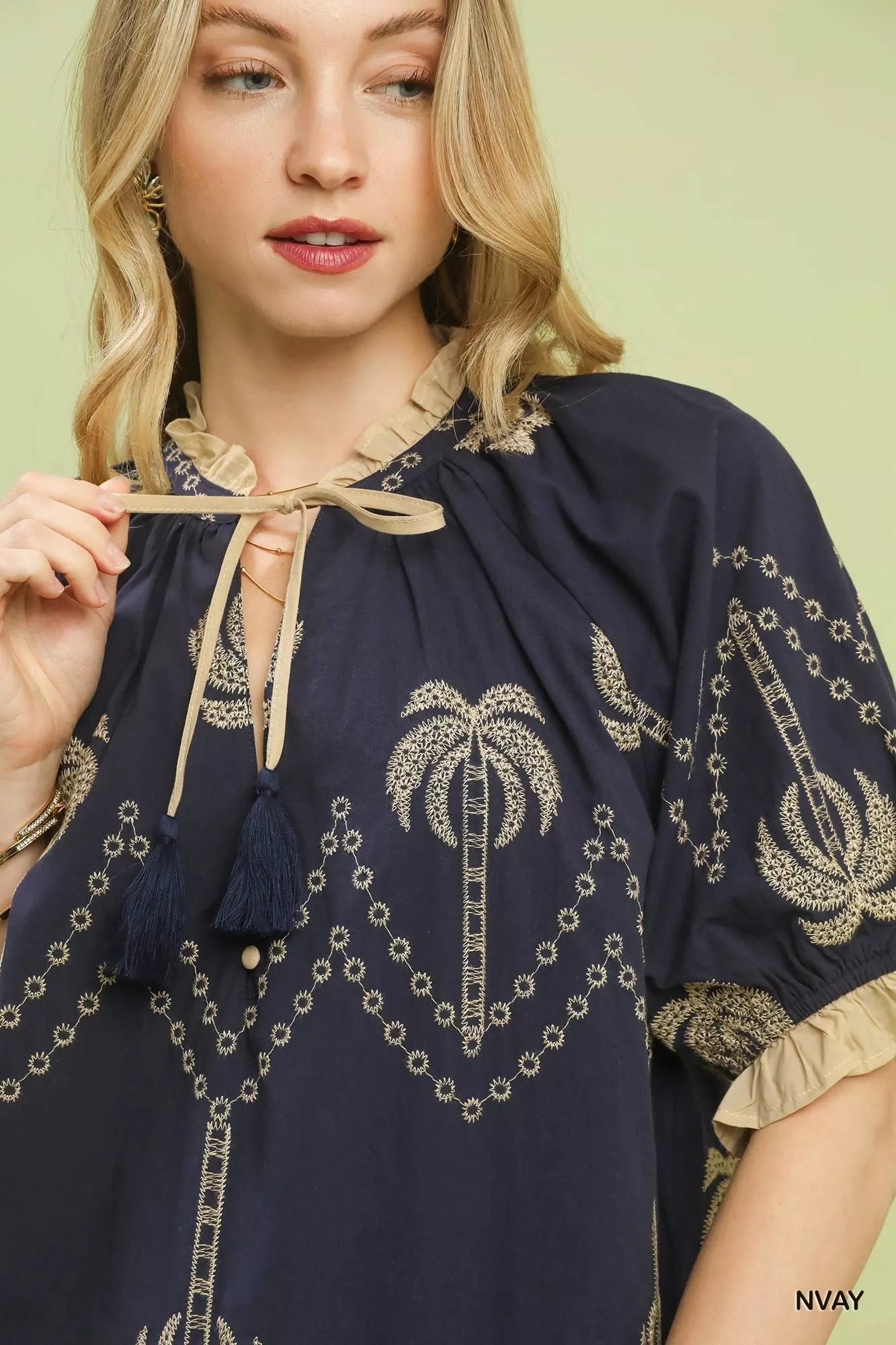 Umgee Embroidered Palm Print Tassel Tie Blouse - | VivaMix StoreUmgee Embroidered Palm Print Tassel Tie Blouse - VivaMix Store