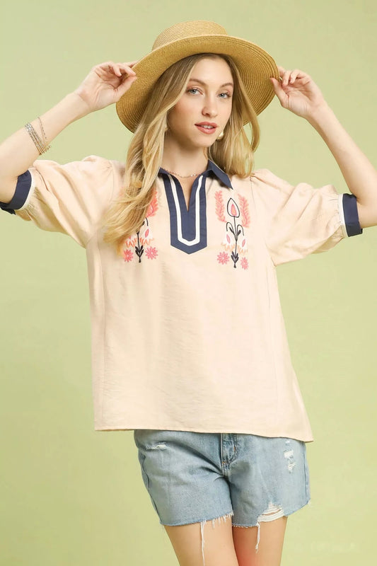 Umgee Embroidered Puff Sleeve Contrast Trim Top - | VivaMix StoreUmgee Embroidered Puff Sleeve Contrast Trim Top - VivaMix Store