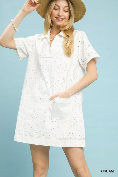 Umgee Eyelet Short Sleeve Shift Dress with Pocket - | VivaMix StoreUmgee Eyelet Short Sleeve Shift Dress with Pocket - VivaMix Store
