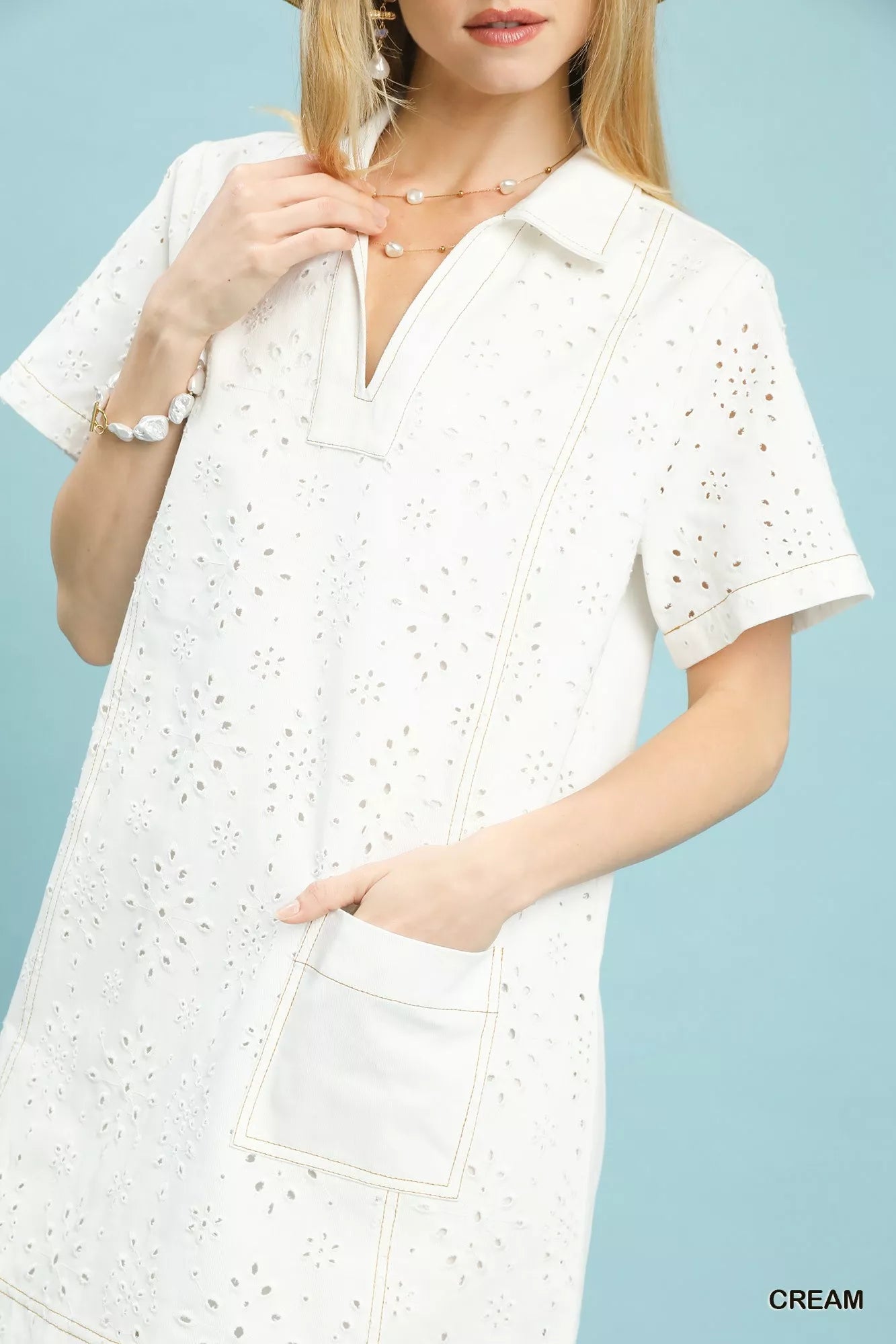 Umgee Eyelet Short Sleeve Shift Dress with Pocket - | VivaMix StoreUmgee Eyelet Short Sleeve Shift Dress with Pocket - VivaMix Store