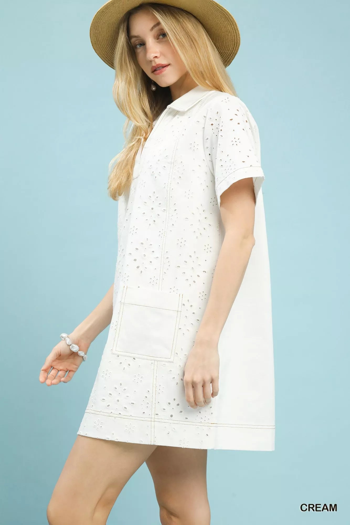 Umgee Eyelet Short Sleeve Shift Dress with Pocket - | VivaMix StoreUmgee Eyelet Short Sleeve Shift Dress with Pocket - VivaMix Store