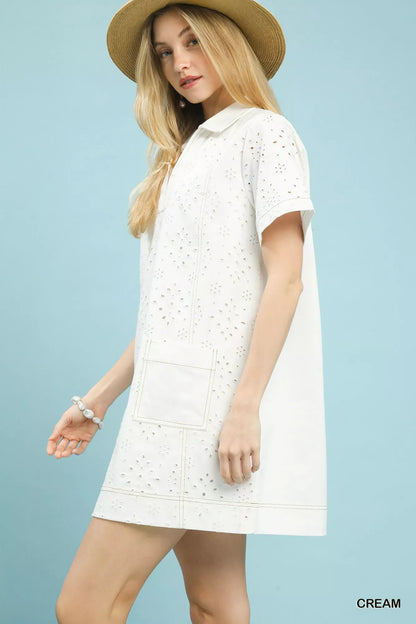Umgee Eyelet Short Sleeve Shift Dress with Pocket - | VivaMix StoreUmgee Eyelet Short Sleeve Shift Dress with Pocket - VivaMix Store