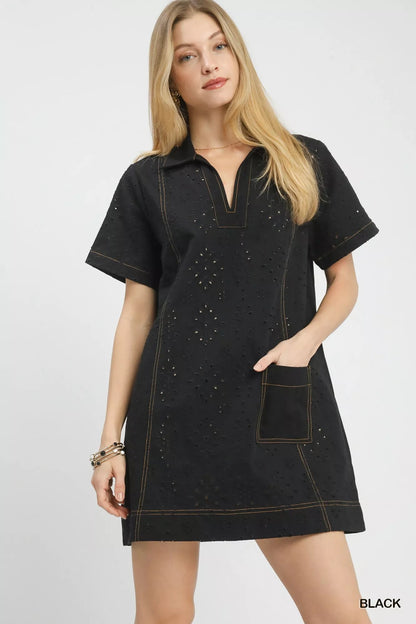 Umgee Eyelet Short Sleeve Shift Dress with Pocket - | VivaMix StoreUmgee Eyelet Short Sleeve Shift Dress with Pocket - VivaMix Store