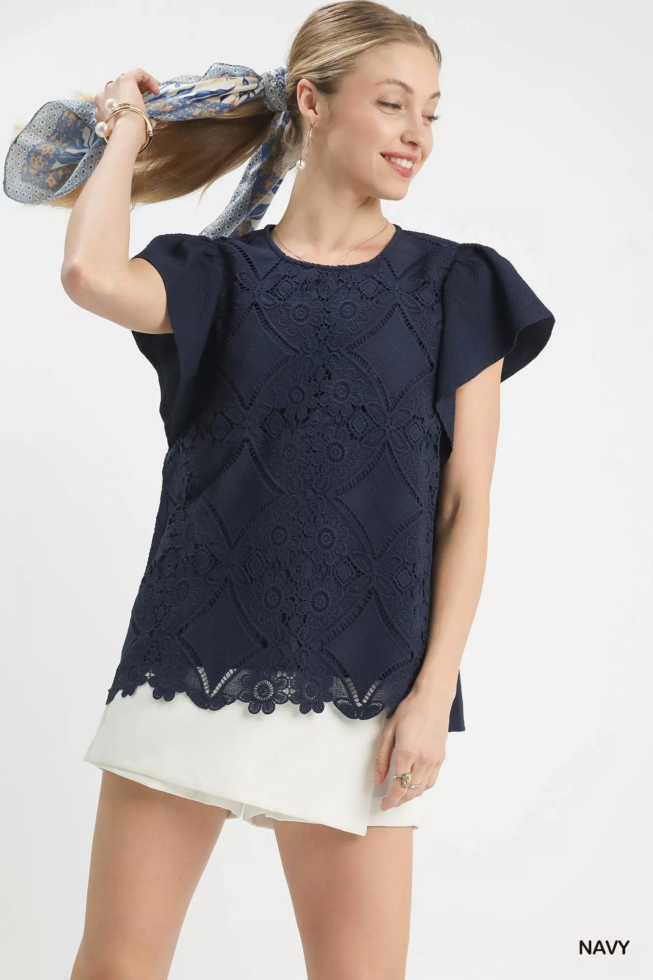 Umgee Floral Lace Overlay Flutter Sleeve Top - | VivaMix StoreUmgee Floral Lace Overlay Flutter Sleeve Top - VivaMix Store