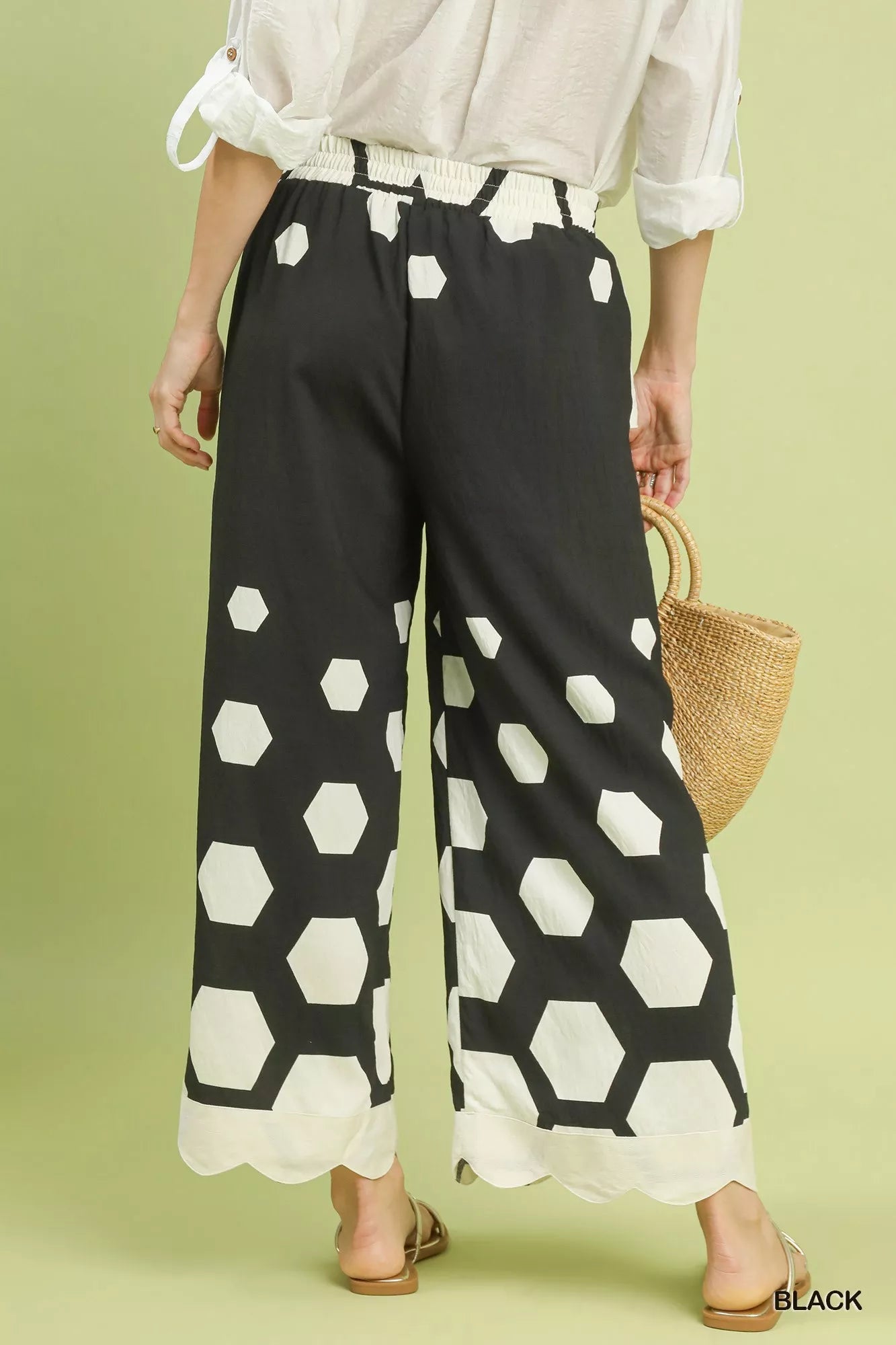 Umgee Hexagon Print Wide Leg Pants with Scalloped Hem - | VivaMix StoreUmgee Hexagon Print Wide Leg Pants with Scalloped Hem - VivaMix Store