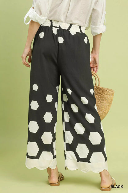 Umgee Hexagon Print Wide Leg Pants with Scalloped Hem - | VivaMix StoreUmgee Hexagon Print Wide Leg Pants with Scalloped Hem - VivaMix Store