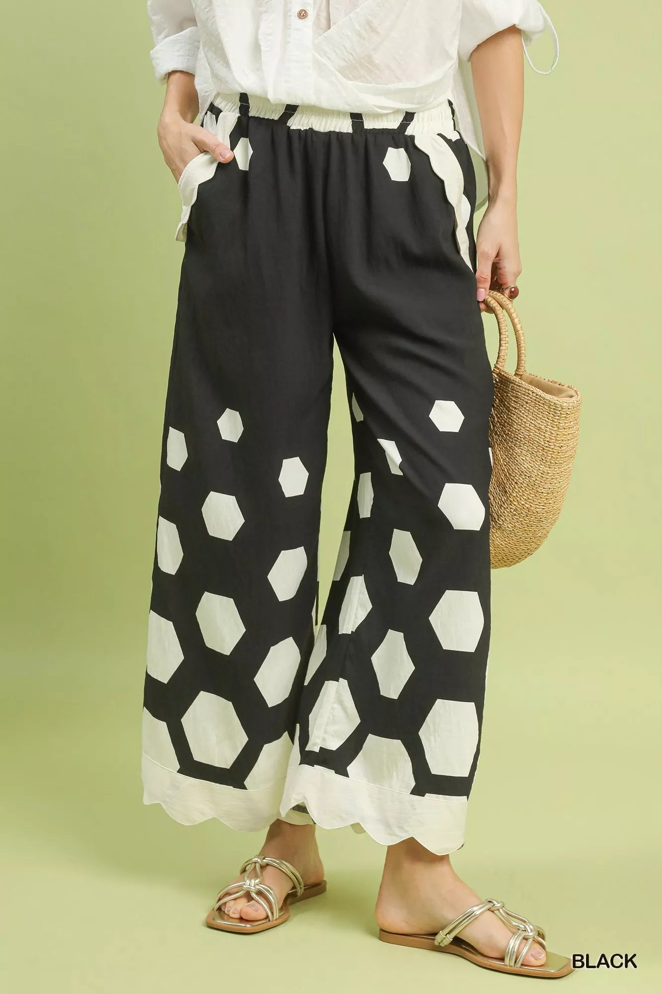 Umgee Hexagon Print Wide Leg Pants with Scalloped Hem - | VivaMix StoreUmgee Hexagon Print Wide Leg Pants with Scalloped Hem - VivaMix Store