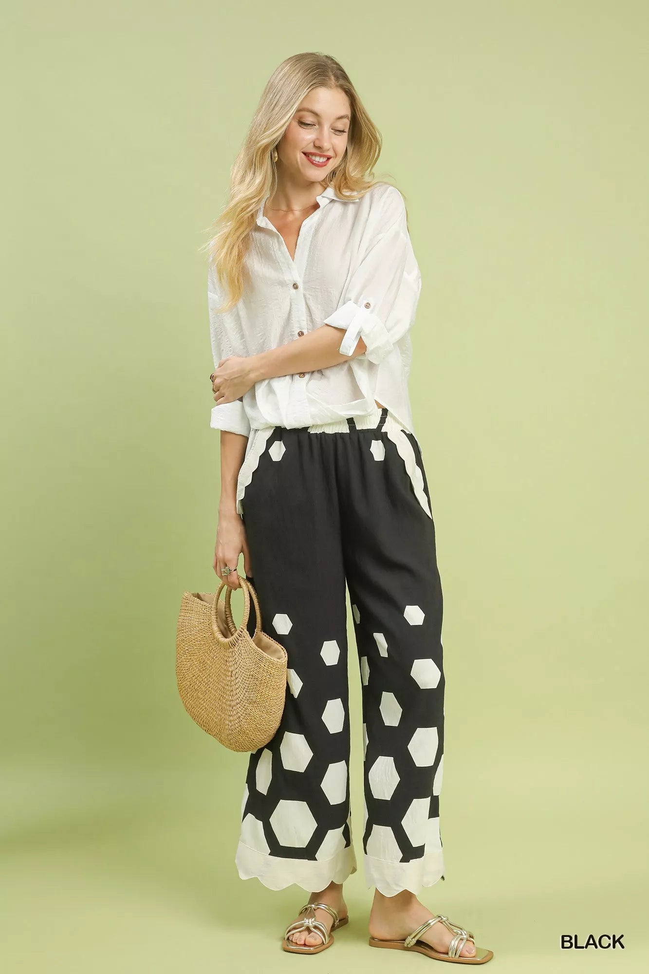 Umgee Hexagon Print Wide Leg Pants with Scalloped Hem - | VivaMix StoreUmgee Hexagon Print Wide Leg Pants with Scalloped Hem - VivaMix Store