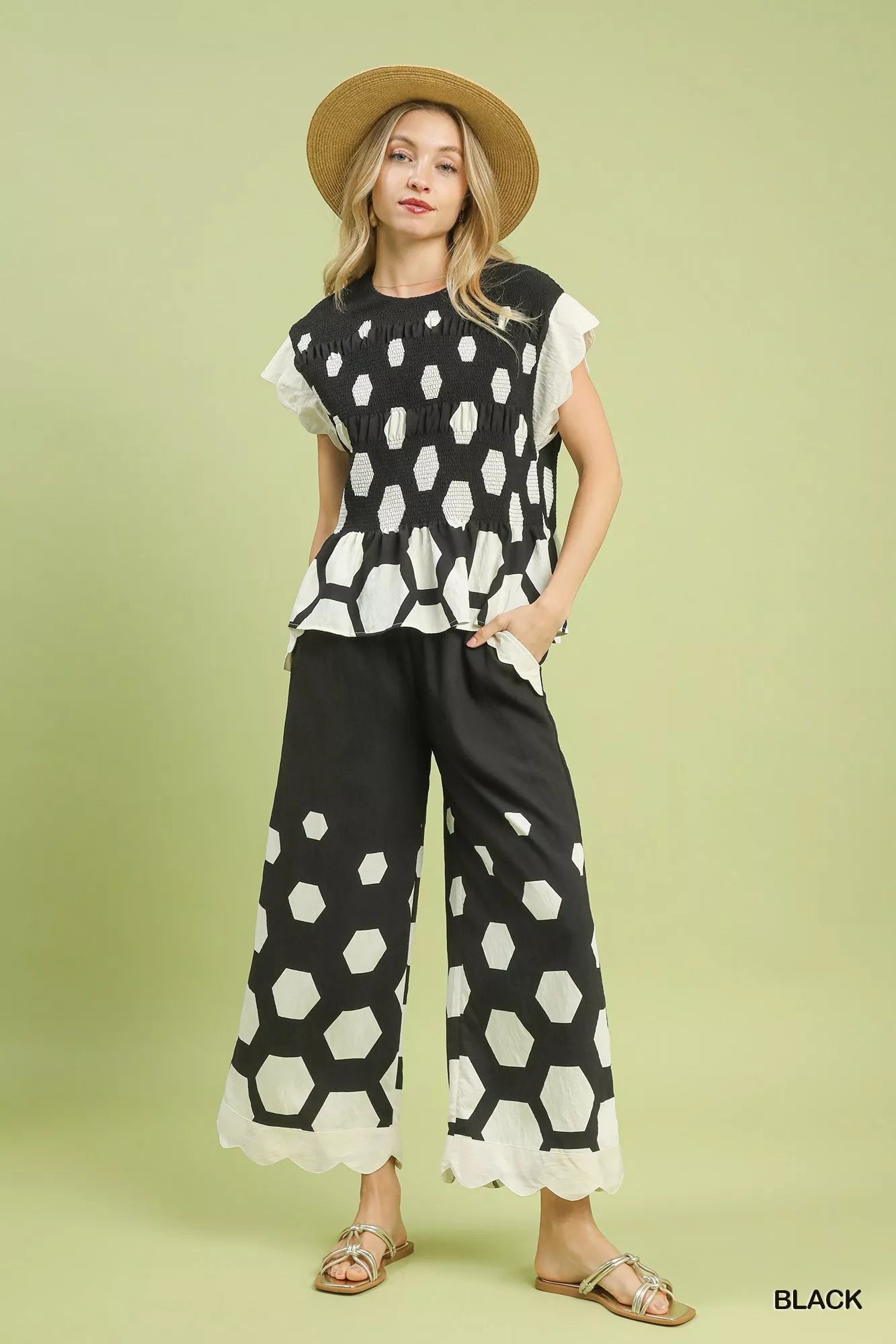 Umgee Hexagon Print Wide Leg Pants with Scalloped Hem - | VivaMix StoreUmgee Hexagon Print Wide Leg Pants with Scalloped Hem - VivaMix Store