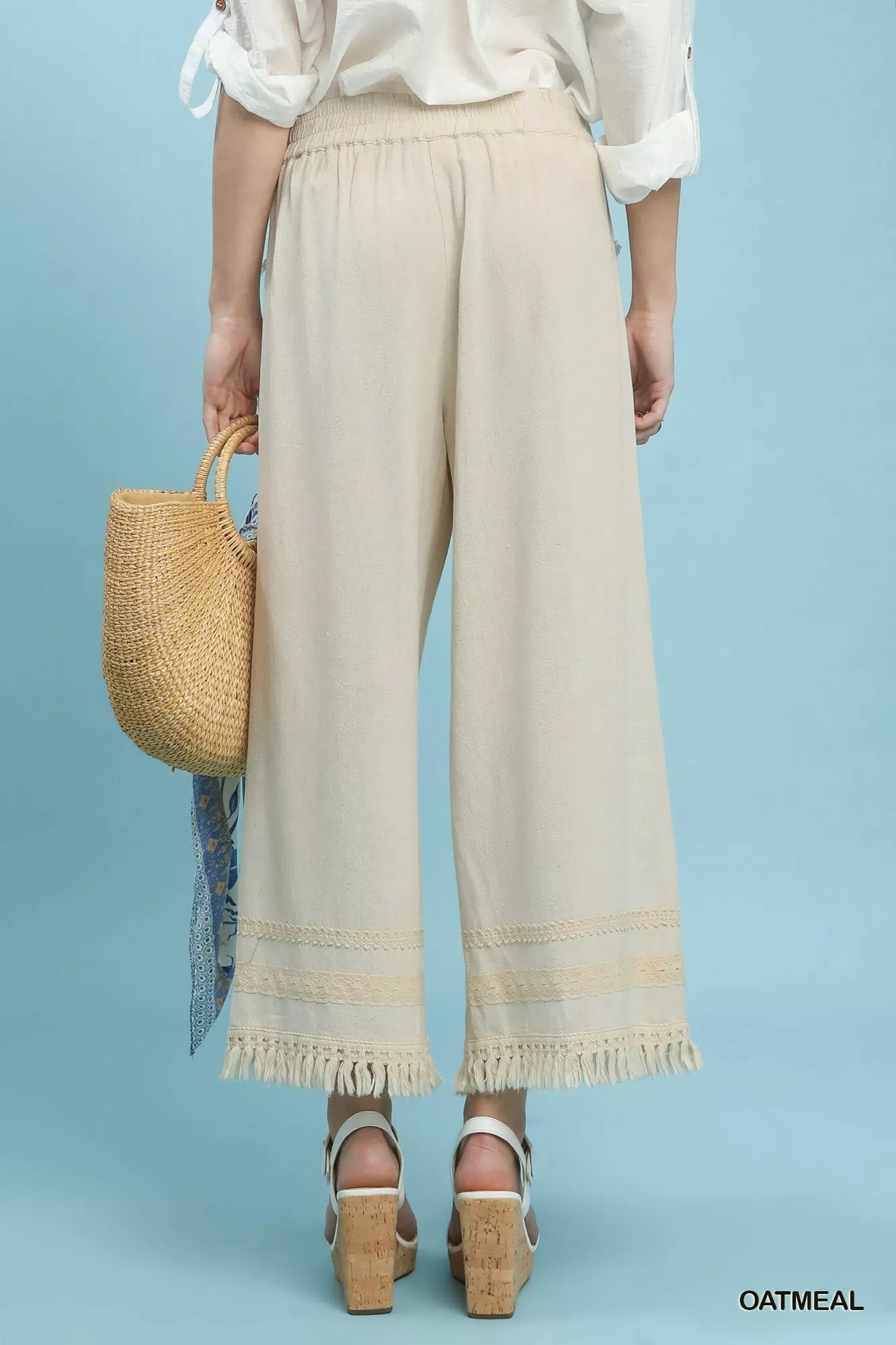 Umgee Lace Trim Fringe Hem Wide Leg Pants - | VivaMix StoreUmgee Lace Trim Fringe Hem Wide Leg Pants - VivaMix Store