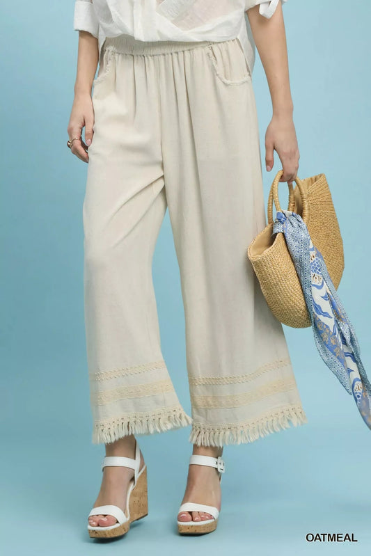 Umgee Lace Trim Fringe Hem Wide Leg Pants - | VivaMix StoreUmgee Lace Trim Fringe Hem Wide Leg Pants - VivaMix Store